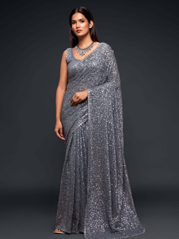 Grey Pure Georgette Saree